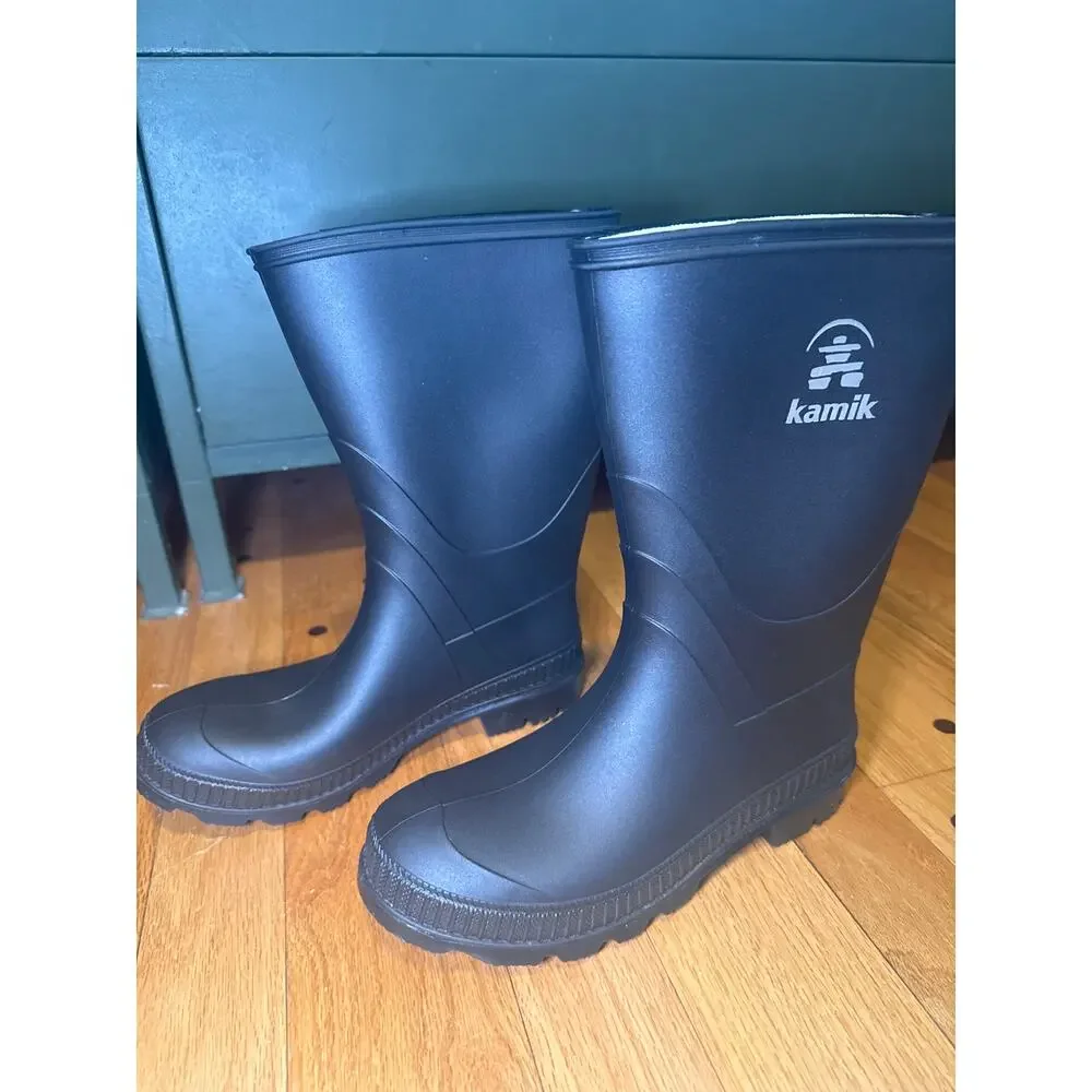 NEW Kamik Stomp Rain Boots Youth Sz 4 Black Waterproof Unisex Kids